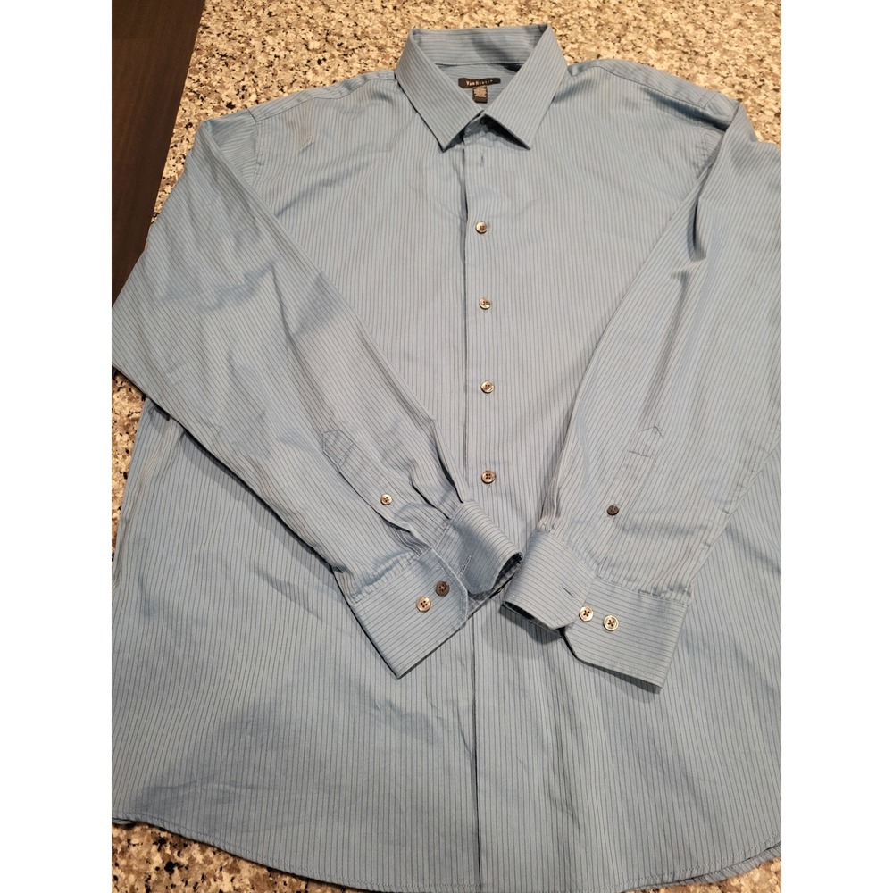 Van Heusen Mens XL 17-17.5 Dress Shirt Light Blue Micro Stripe L Sleeve Button